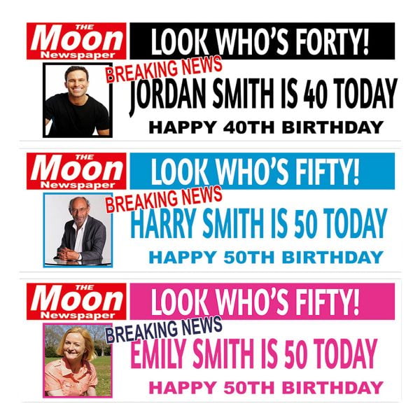 Personalised photo newspaper birthday banner